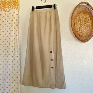 Vintage Beige Midi Skirt Elastic Waist Button Detail Made in USA Size M